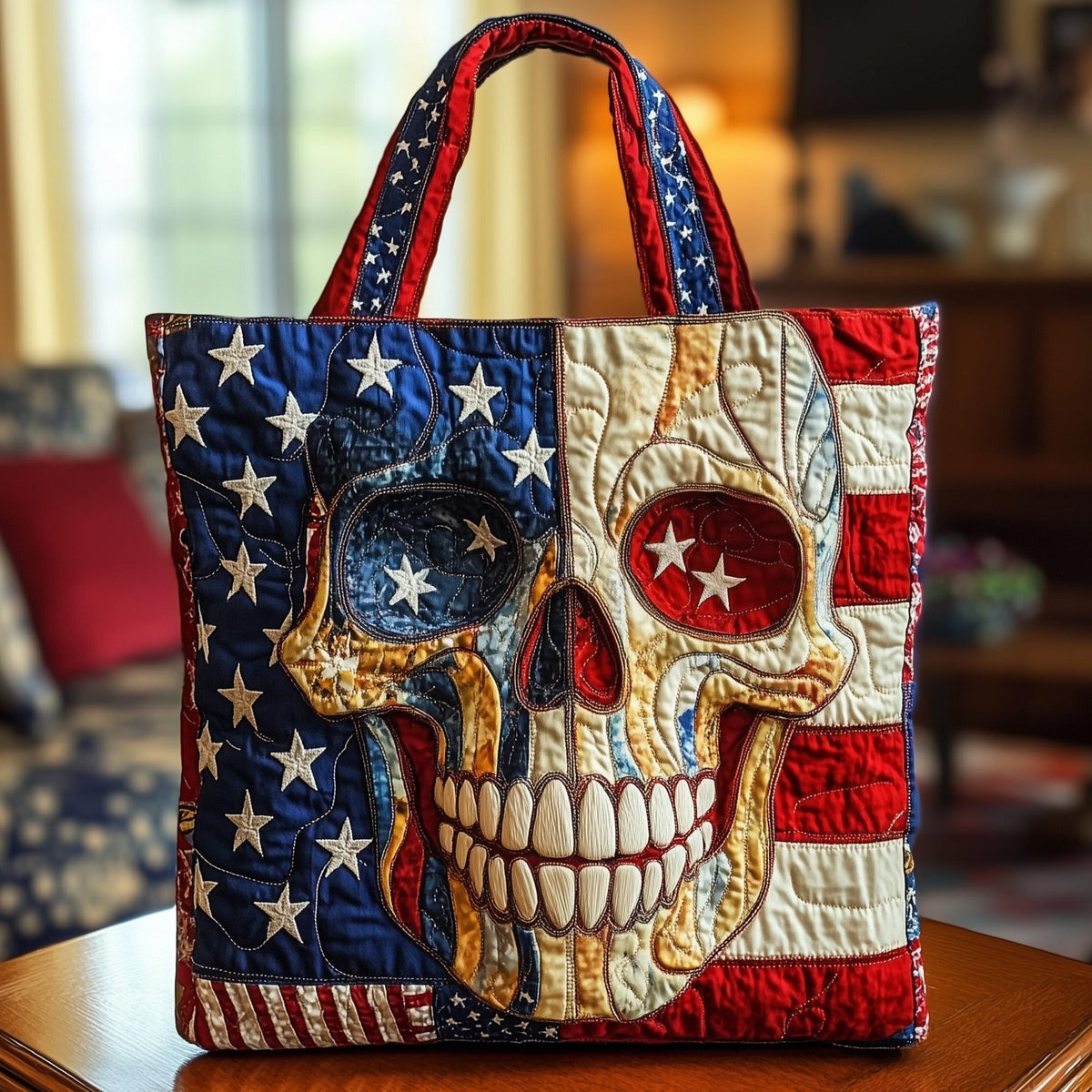 Liberty Skull Quilted Tote Bag printed tote bag