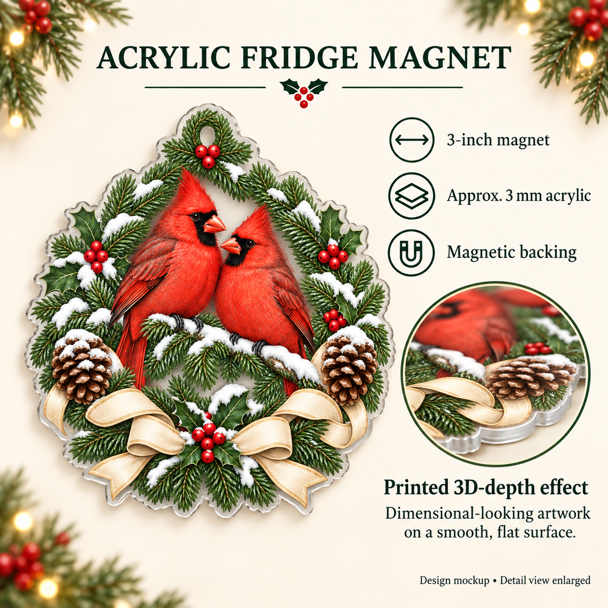 Product construction and size guide; example artwork illustrates the printed depth effect on flat acrylic.
