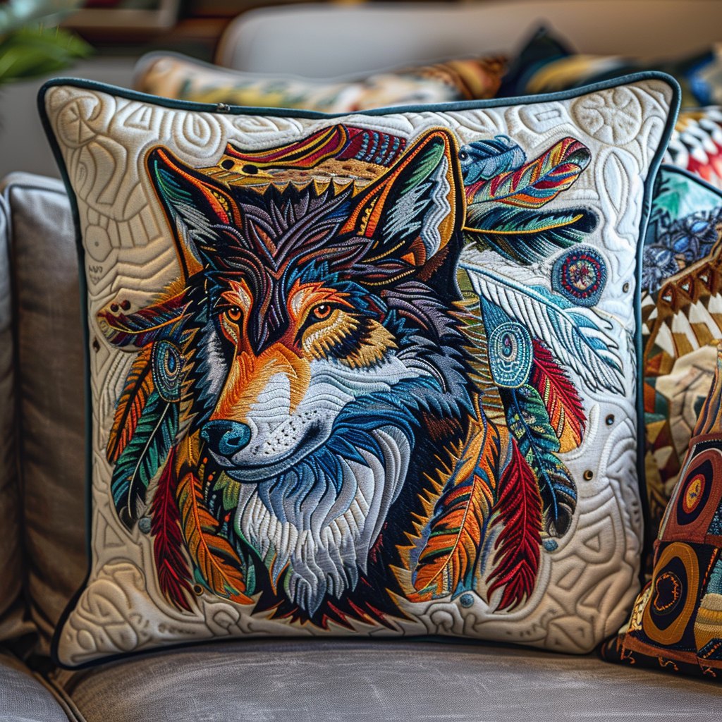 Majestic Feathered Wolf Quilted Cushion Cover printed cushion cover