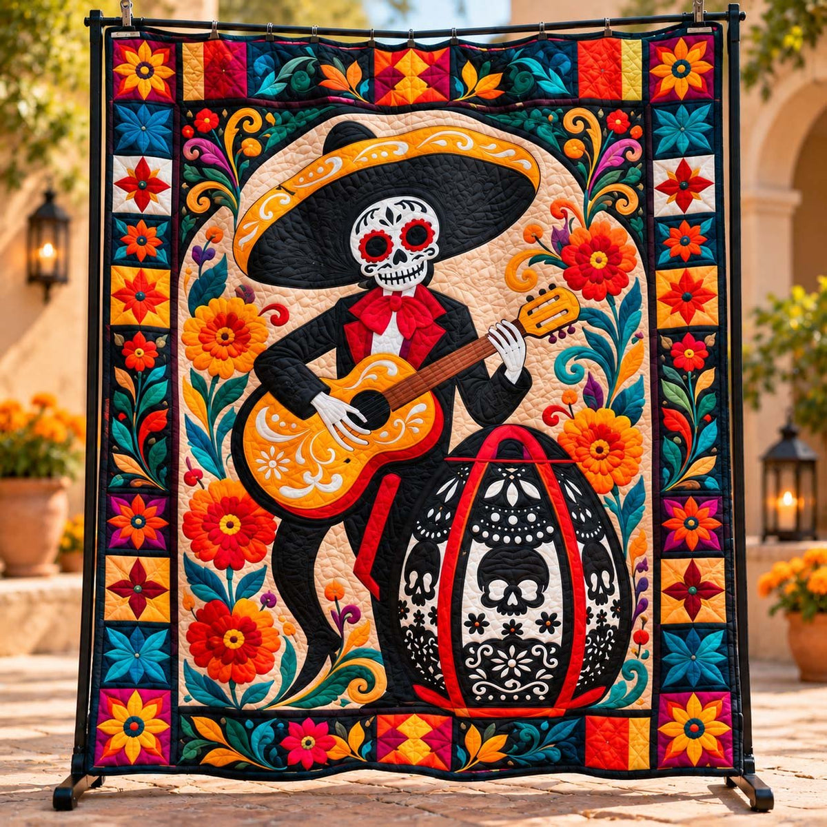 Mariachi Guitar Viva Calavera Quilted Blanket printed blanket