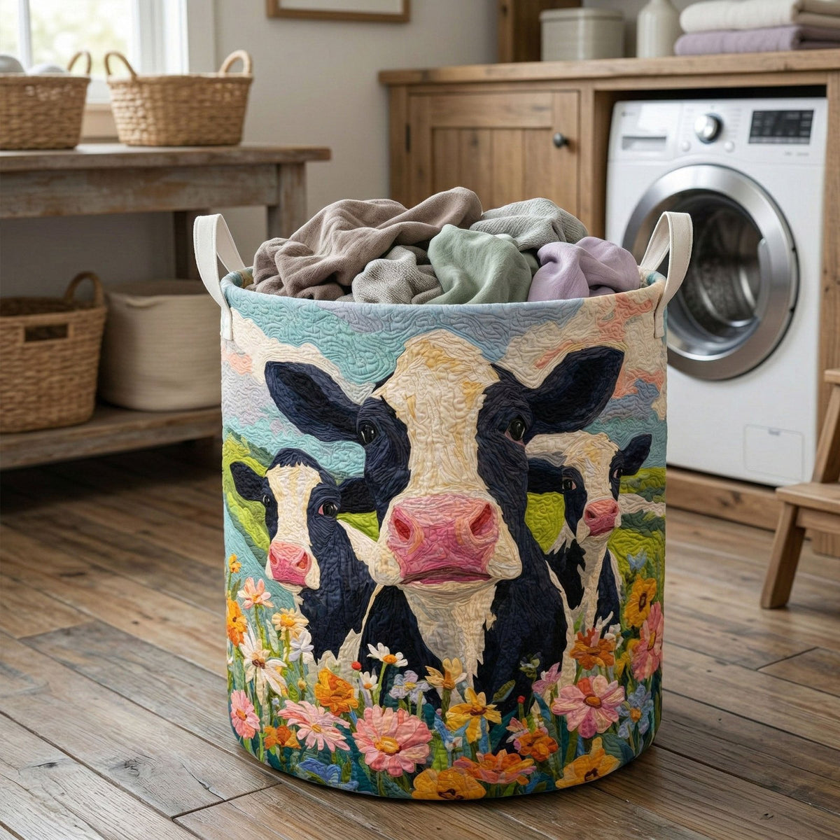 Meadow Cow Trio Quilted Laundry Hamper printed laundry hamper