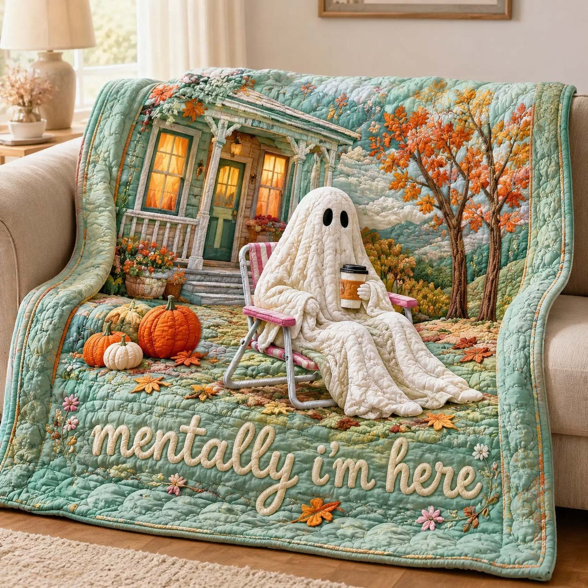 Mentally Here Ghost Quilted Blanket printed blanket