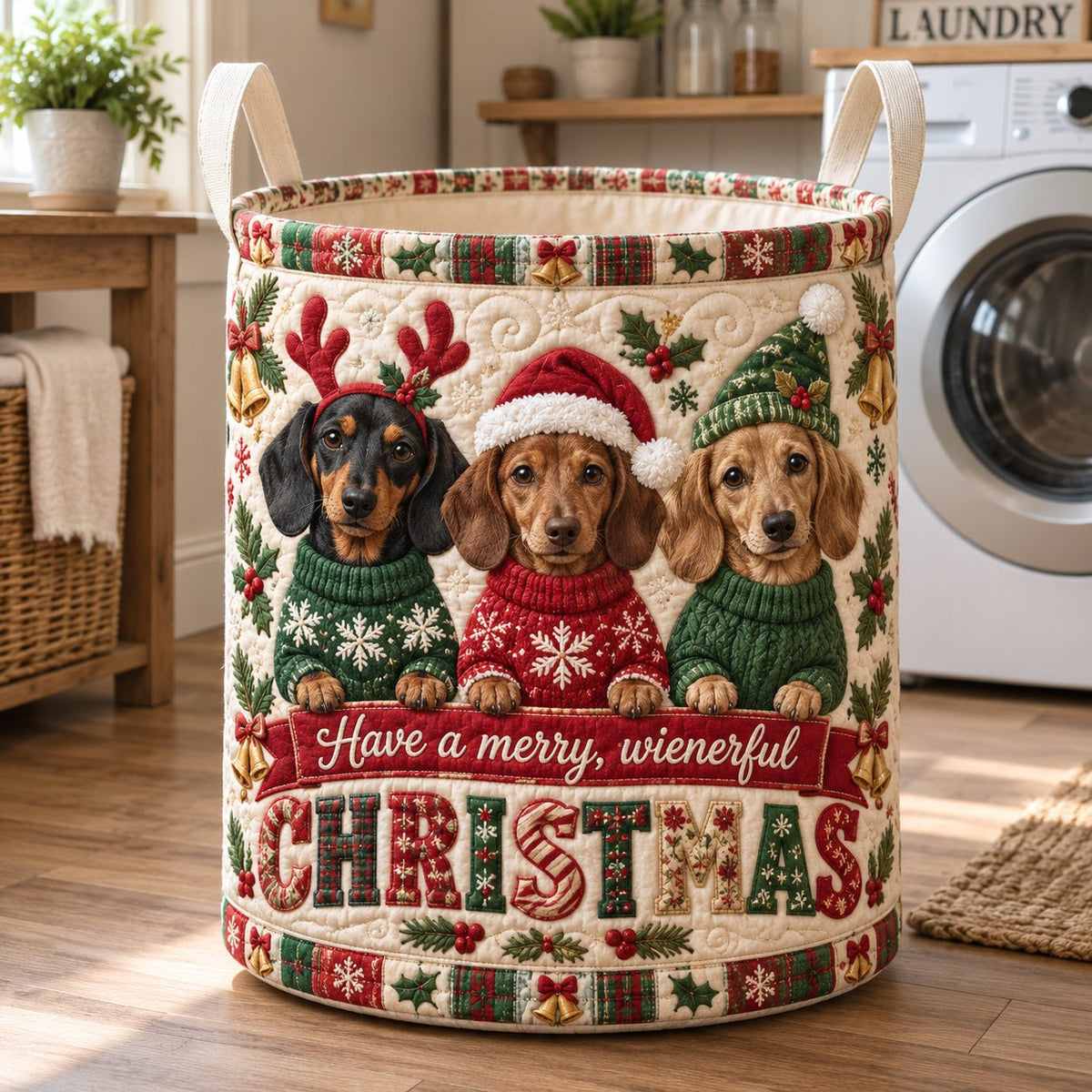 Merry Wienerful Christmas Dachshund Quilted Laundry Hamper printed laundry hamper