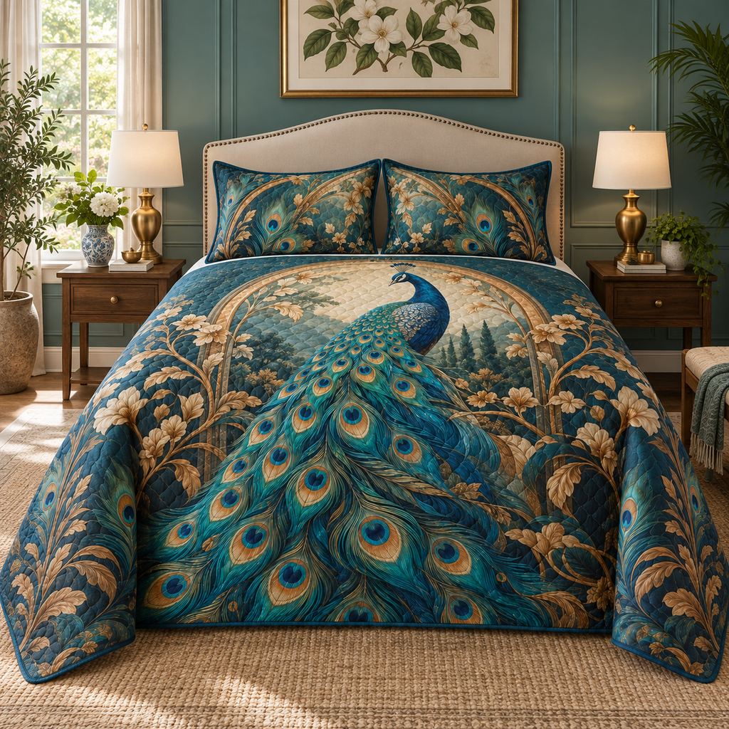 Peacock Garden Quilted Bedding Set in a themed lifestyle setting; printed 3D-look artwork, generated mockup