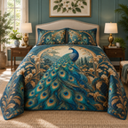 Peacock Garden Quilted Bedding Set in a themed lifestyle setting; printed 3D-look artwork, generated mockup