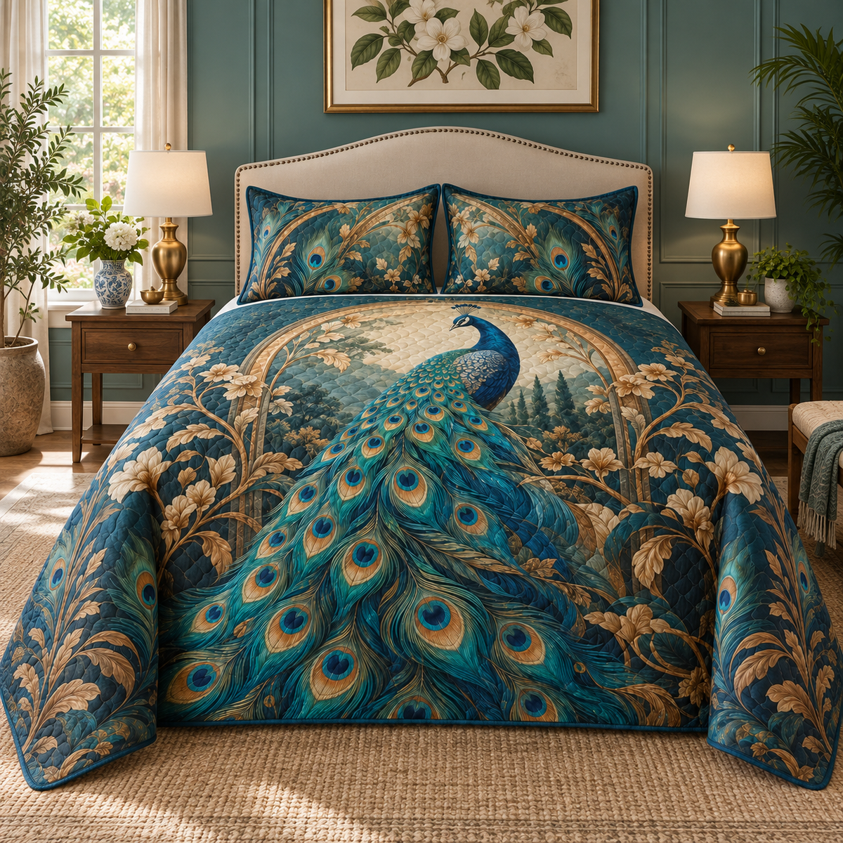 Peacock Garden Quilted Bedding Set in a themed lifestyle setting; printed 3D-look artwork, generated mockup
