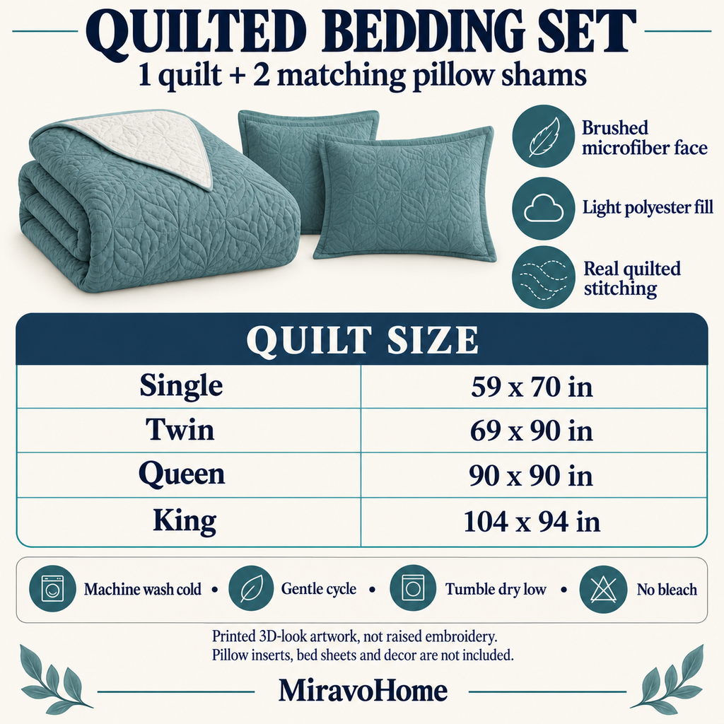 MiravoHome quilted bedding set construction, included pieces, size and care guide