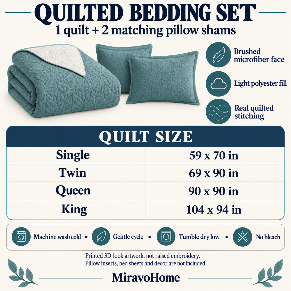 MiravoHome quilted bedding set construction, included pieces, size and care guide