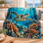 Sea Turtle Coral Reef Sherpa & Fleece Blanket in a themed lifestyle setting; printed 3D-look artwork, generated mockup