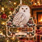 Snowy Owl Acrylic Cash Holder Christmas Ornament in a themed lifestyle setting; printed 3D-look artwork, generated mockup