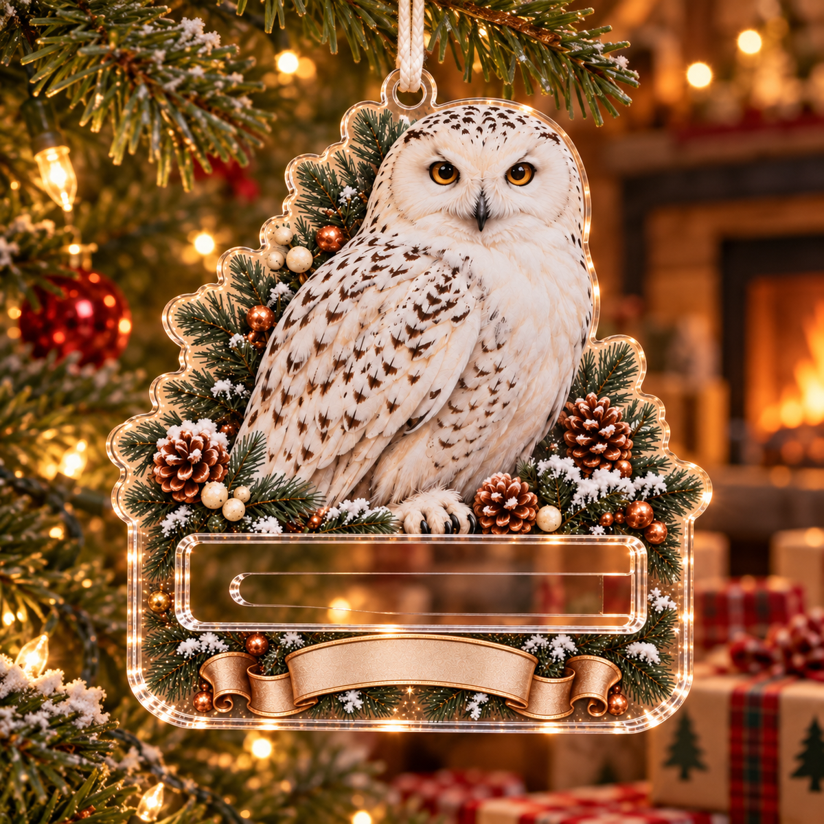 Snowy Owl Acrylic Cash Holder Christmas Ornament in a themed lifestyle setting; printed 3D-look artwork, generated mockup