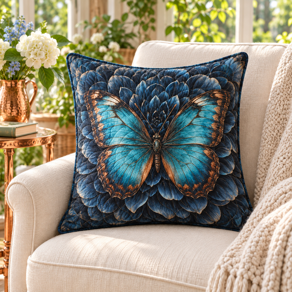 Copper Butterfly Quilted Cushion Cover in a themed lifestyle setting; printed 3D-look artwork, generated mockup