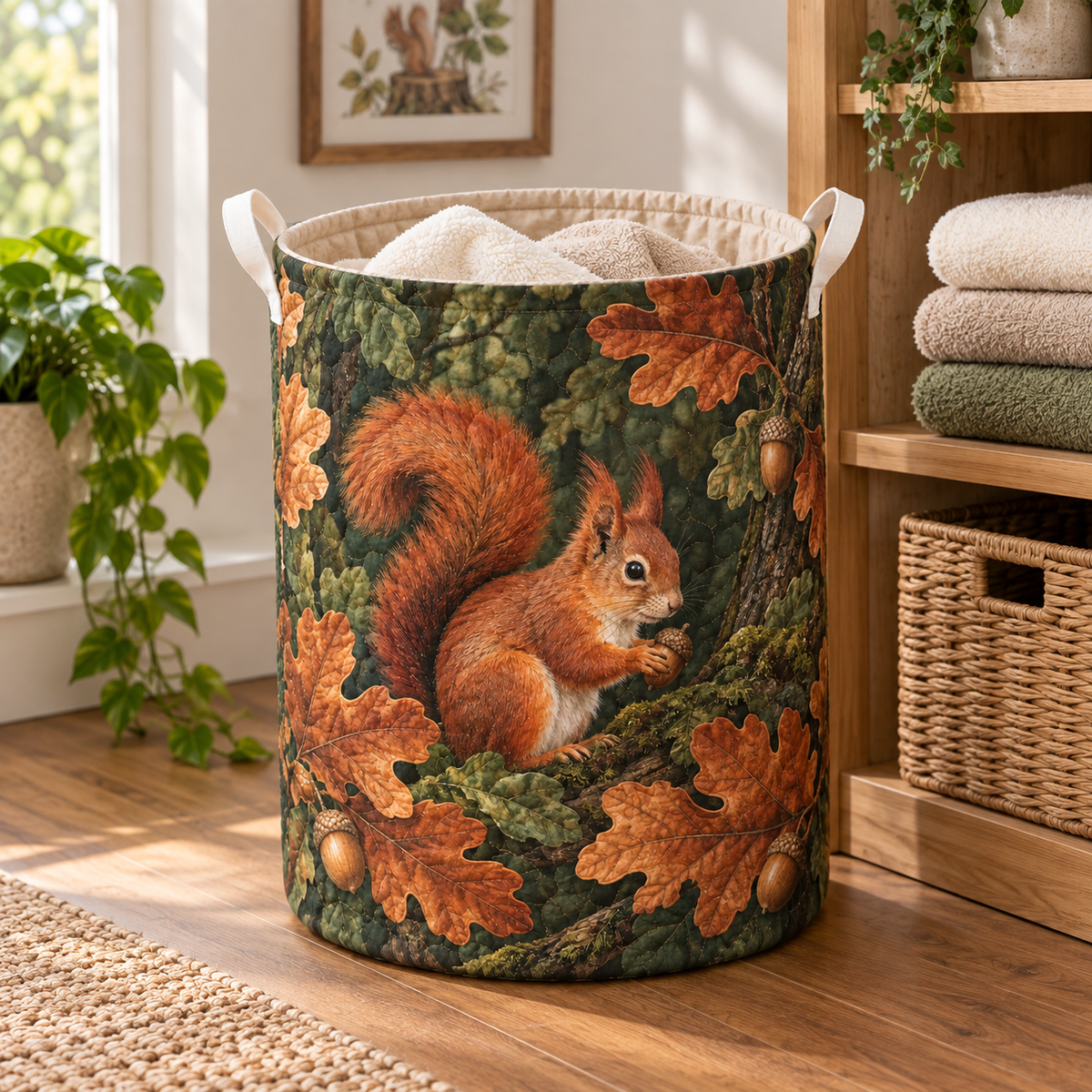 Woodland Squirrel Quilted Laundry Hamper in a themed lifestyle setting; printed 3D-look artwork, generated mockup