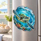 Sea Turtle Reef Acrylic Refrigerator Magnet in a themed lifestyle setting; printed 3D-look artwork, generated mockup