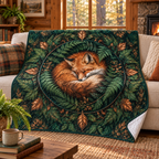 Woodland Fox Fern Quilt Blanket in a themed lifestyle setting; printed 3D-look artwork, generated mockup