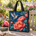 Hummingbird Peony Quilted Tote Bag in a themed lifestyle setting; printed 3D-look artwork, generated mockup