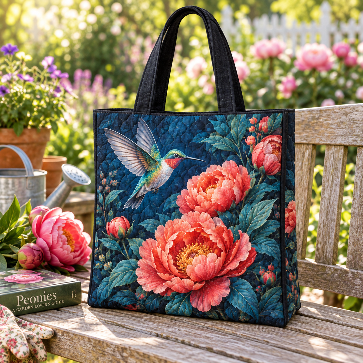 Hummingbird Peony Quilted Tote Bag in a themed lifestyle setting; printed 3D-look artwork, generated mockup