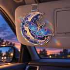 Moon Moth Holographic Acrylic Car Visor Clip in a themed lifestyle setting; printed 3D-look artwork, generated mockup