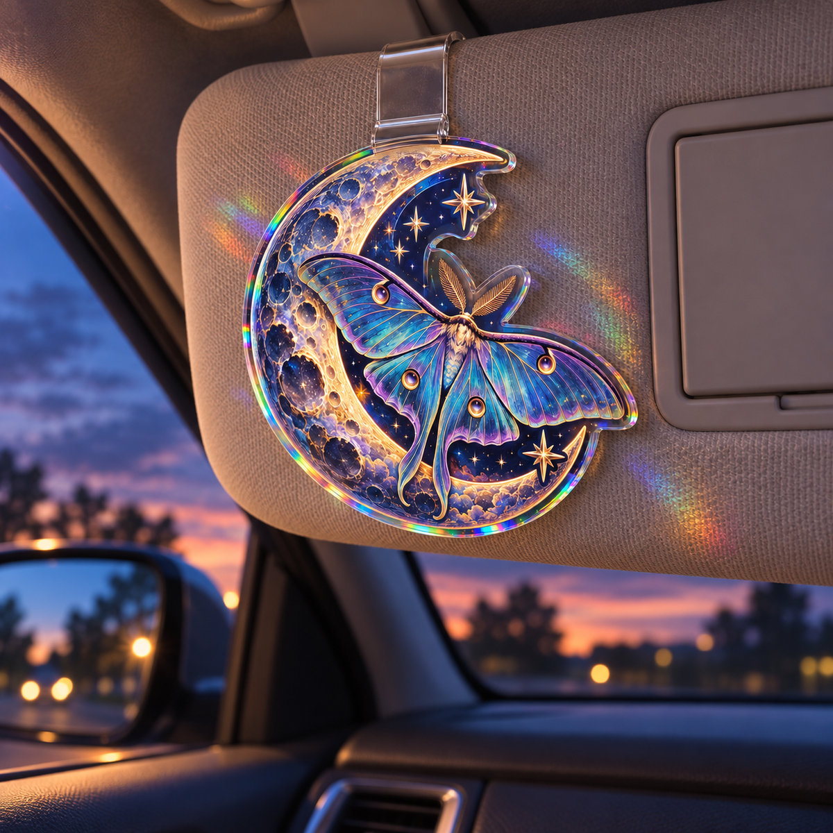 Moon Moth Holographic Acrylic Car Visor Clip in a themed lifestyle setting; printed 3D-look artwork, generated mockup