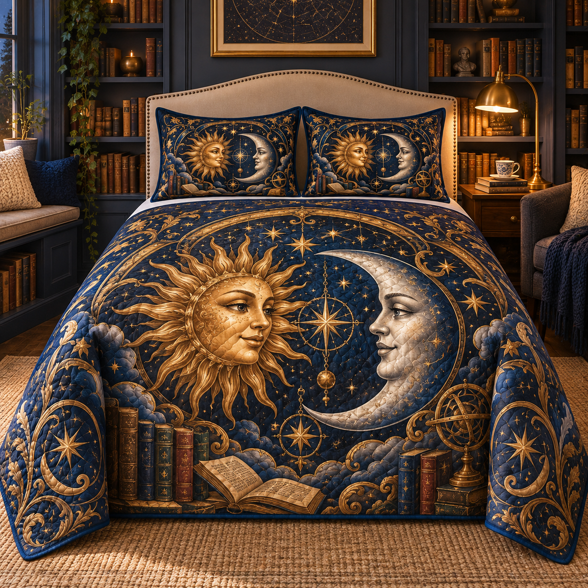 Sun Moon Reading Quilted Bedding Set in a reading-inspired lifestyle setting; flat printed 3D-look artwork