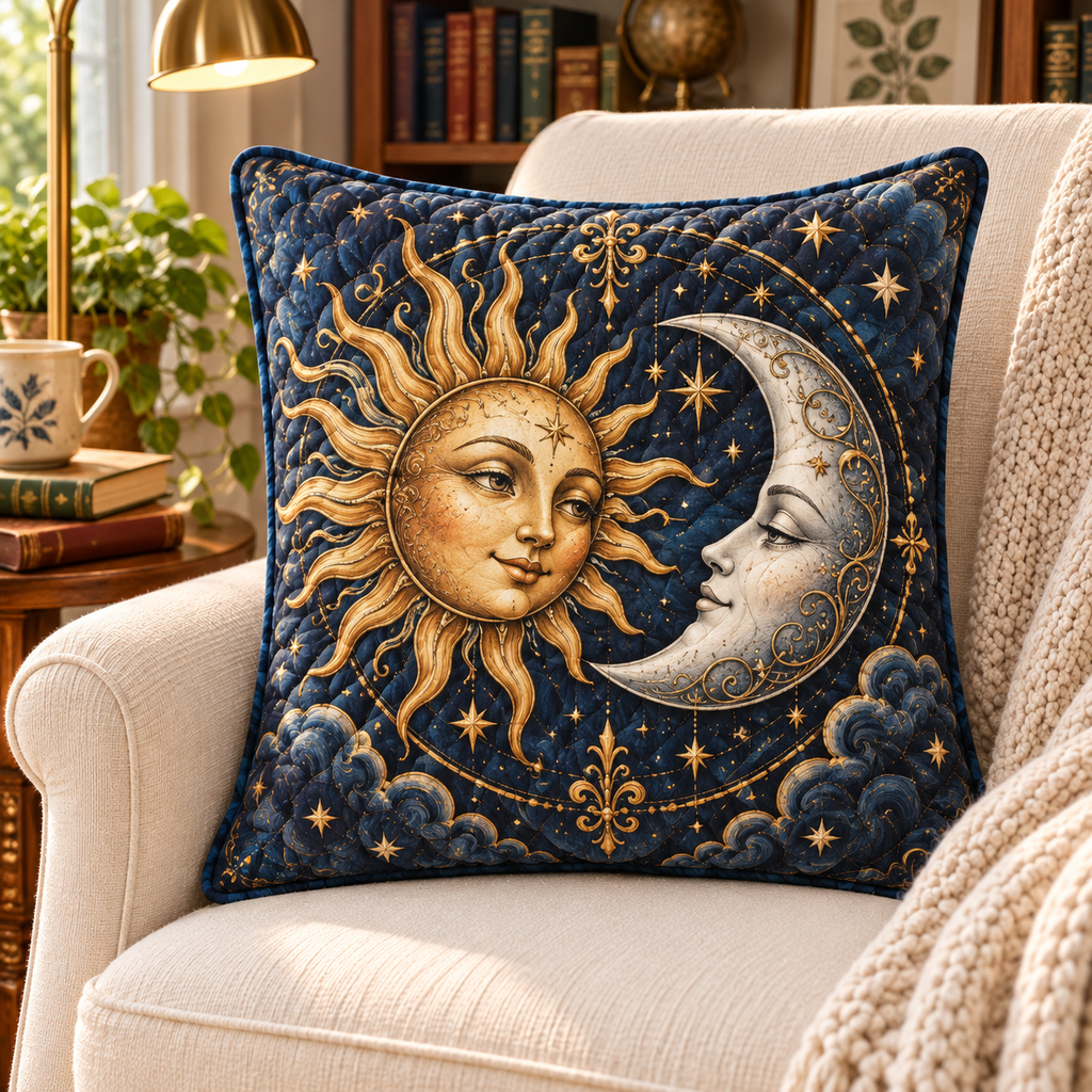 Sun Moon Reading Quilted Cushion Cover in a reading-inspired lifestyle setting; flat printed 3D-look artwork