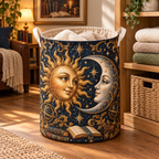 Sun Moon Reading Laundry Hamper in a reading-inspired lifestyle setting; flat printed 3D-look artwork