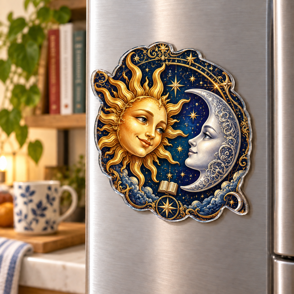 Sun Moon Reading Acrylic Refrigerator Magnet in a reading-inspired lifestyle setting; flat printed 3D-look artwork