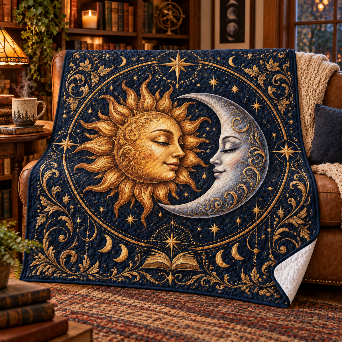 Sun Moon Reading Quilt Blanket in a reading-inspired lifestyle setting; flat printed 3D-look artwork