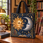 Sun Moon Reading Quilted Tote Bag in a reading-inspired lifestyle setting; flat printed 3D-look artwork