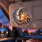 Sun Moon Reading Holographic Car Visor Clip in a reading-inspired lifestyle setting; flat printed 3D-look artwork