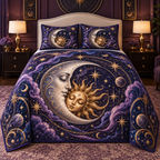 Eclipse Reverie Quilted Bedding Set with printed optical 3D celestial artwork in a bedroom-inspired setting