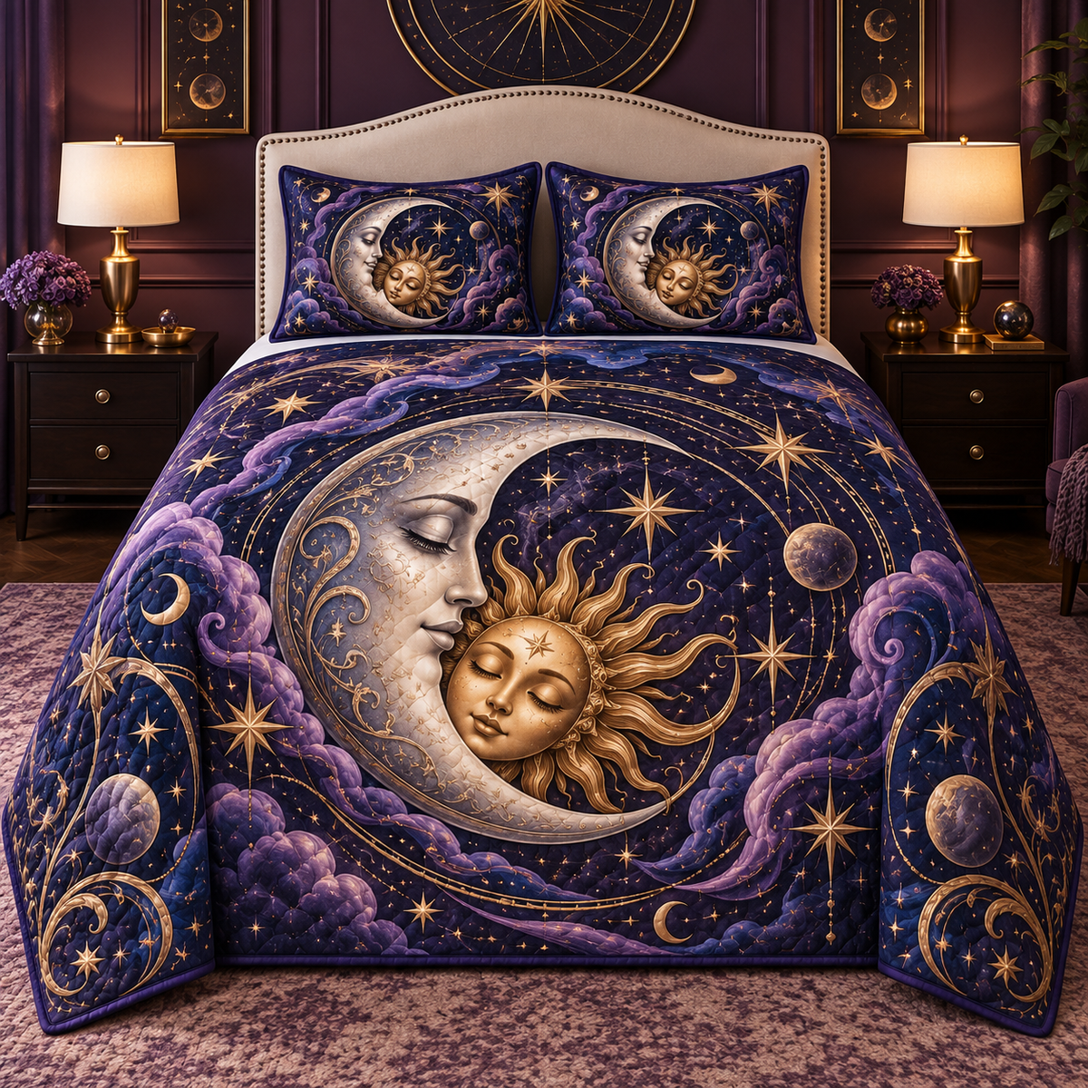 Eclipse Reverie Quilted Bedding Set with printed optical 3D celestial artwork in a bedroom-inspired setting