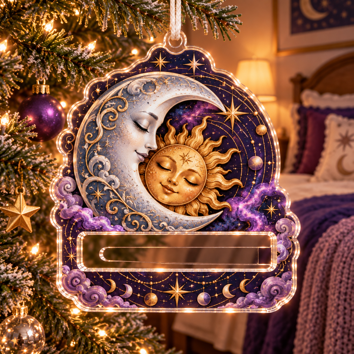 Eclipse Reverie Acrylic Cash Holder Ornament with printed optical 3D celestial artwork in a bedroom-inspired setting