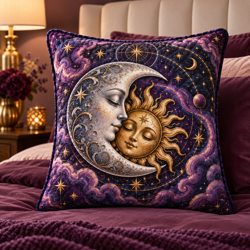 Eclipse Reverie Quilted Cushion Cover with printed optical 3D celestial artwork in a bedroom-inspired setting