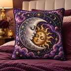 Eclipse Reverie Quilted Cushion Cover with printed optical 3D celestial artwork in a bedroom-inspired setting