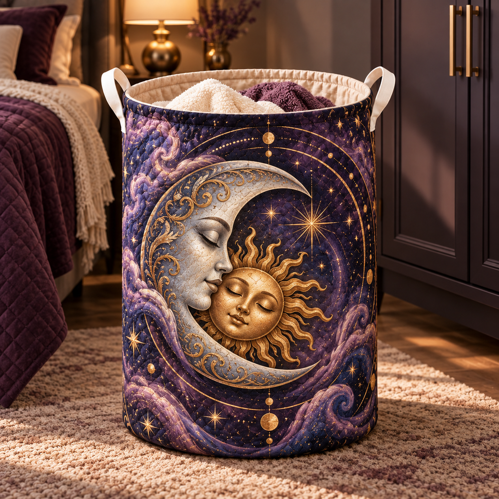 Eclipse Reverie Laundry Hamper with printed optical 3D celestial artwork in a bedroom-inspired setting