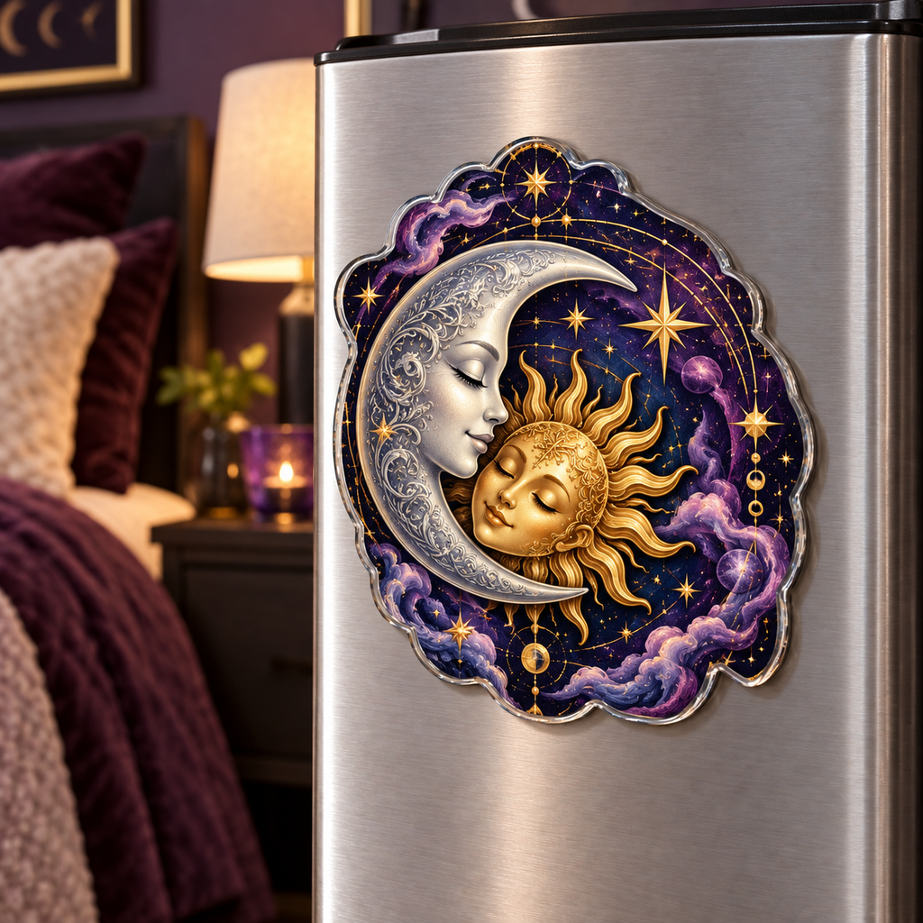 Eclipse Reverie Acrylic Refrigerator Magnet with printed optical 3D celestial artwork in a bedroom-inspired setting