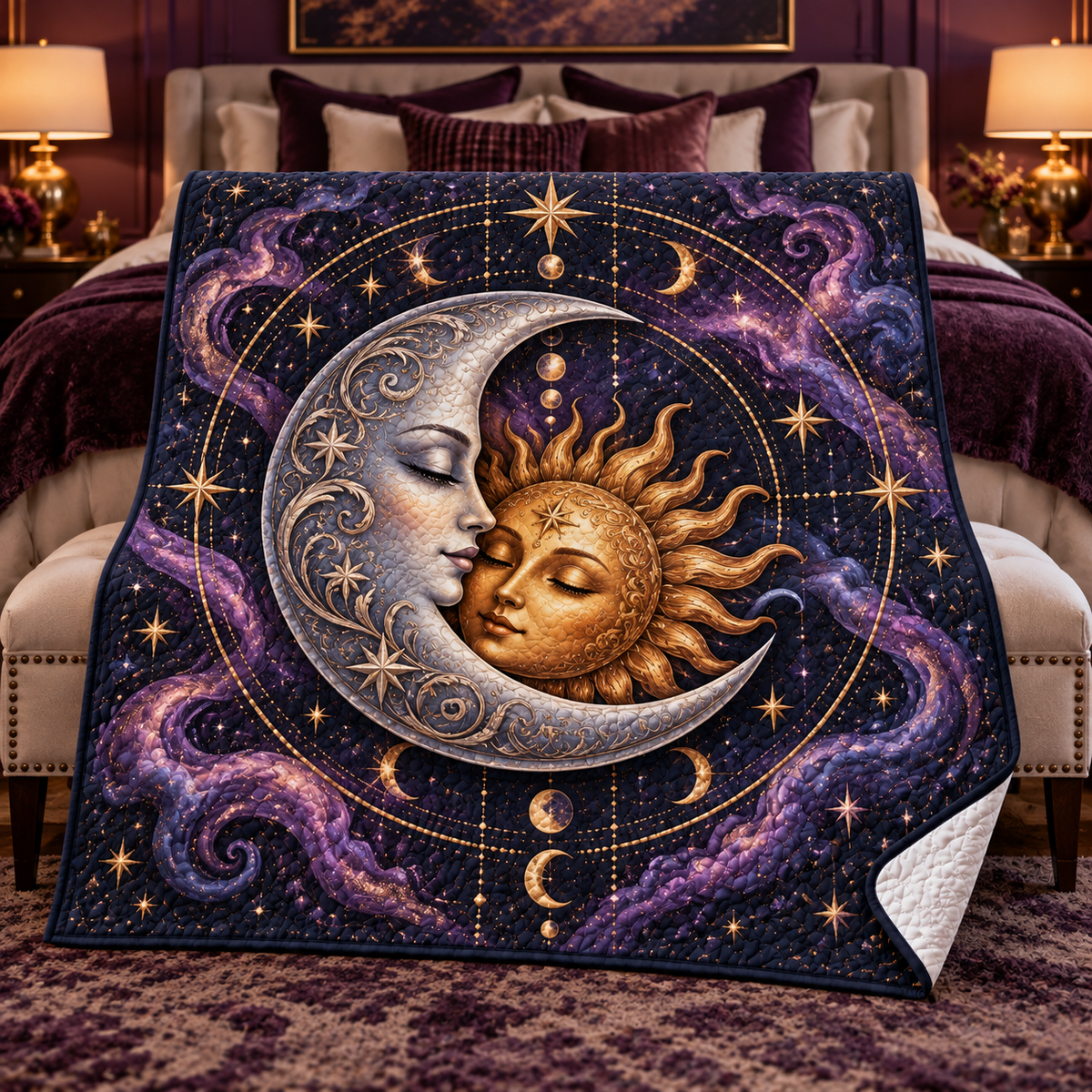 Eclipse Reverie Quilt Blanket with printed optical 3D celestial artwork in a bedroom-inspired setting