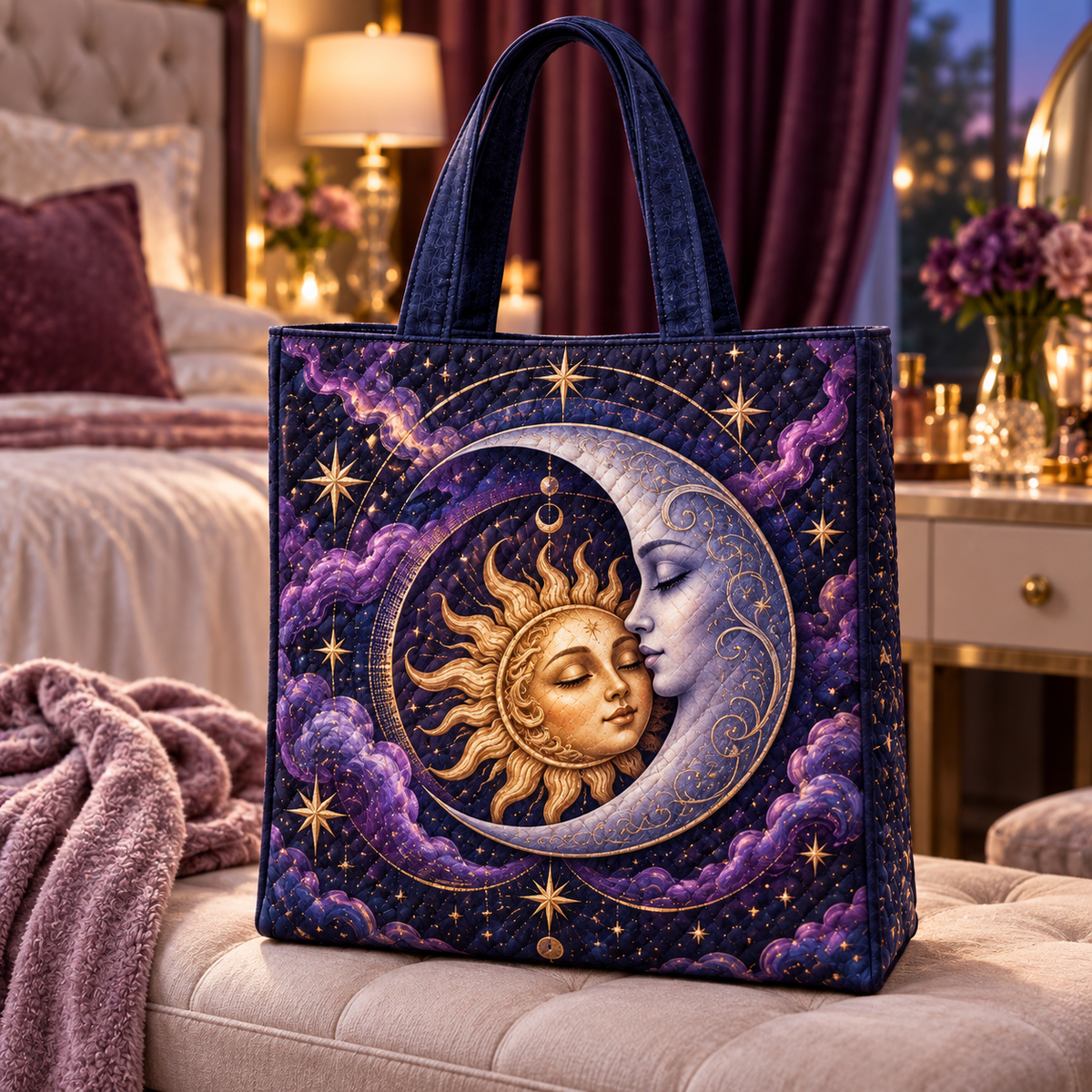 Eclipse Reverie Quilted Tote Bag with printed optical 3D celestial artwork in a bedroom-inspired setting