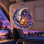 Eclipse Reverie Holographic Car Visor Clip with printed optical 3D celestial artwork in a bedroom-inspired setting