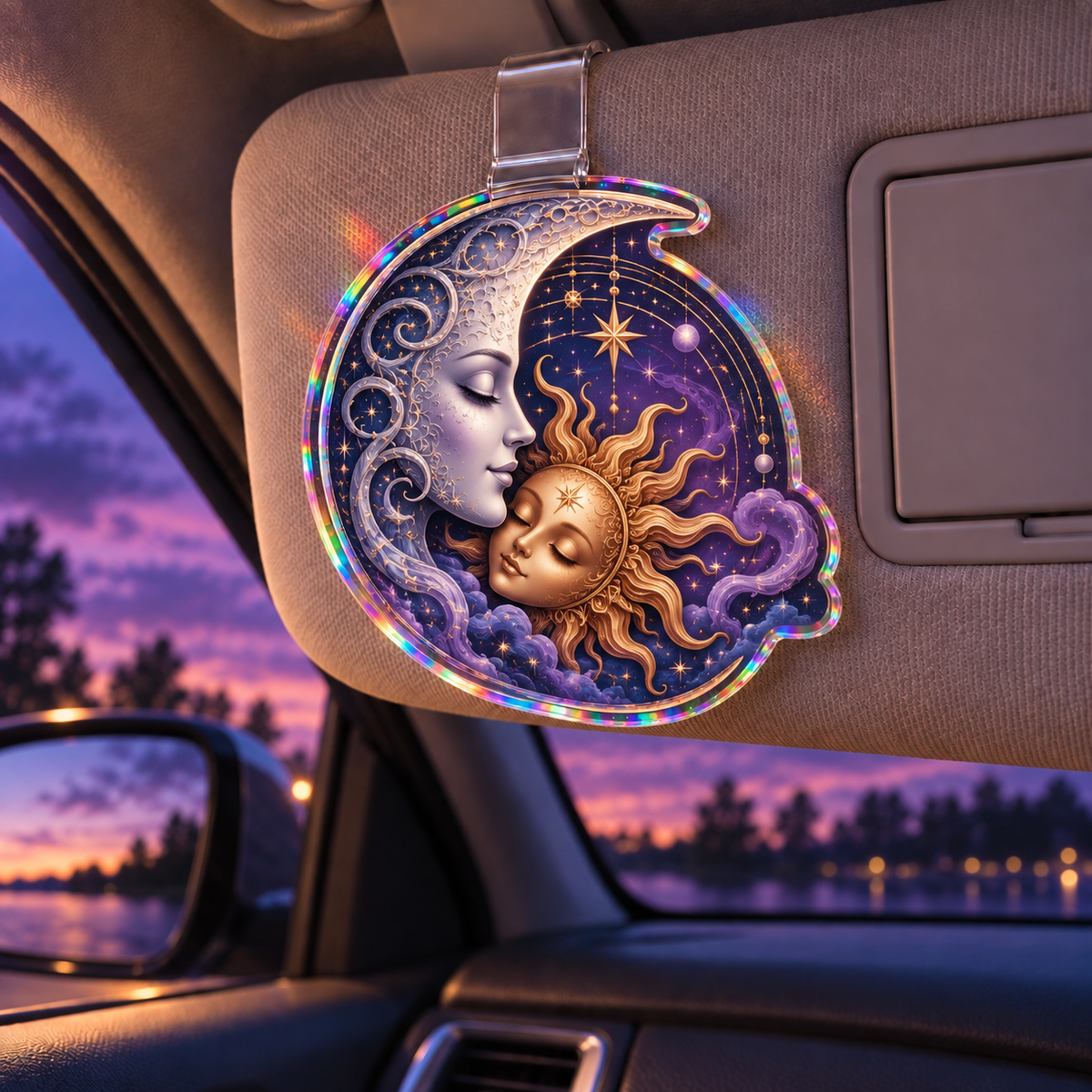 Eclipse Reverie Holographic Car Visor Clip with printed optical 3D celestial artwork in a bedroom-inspired setting