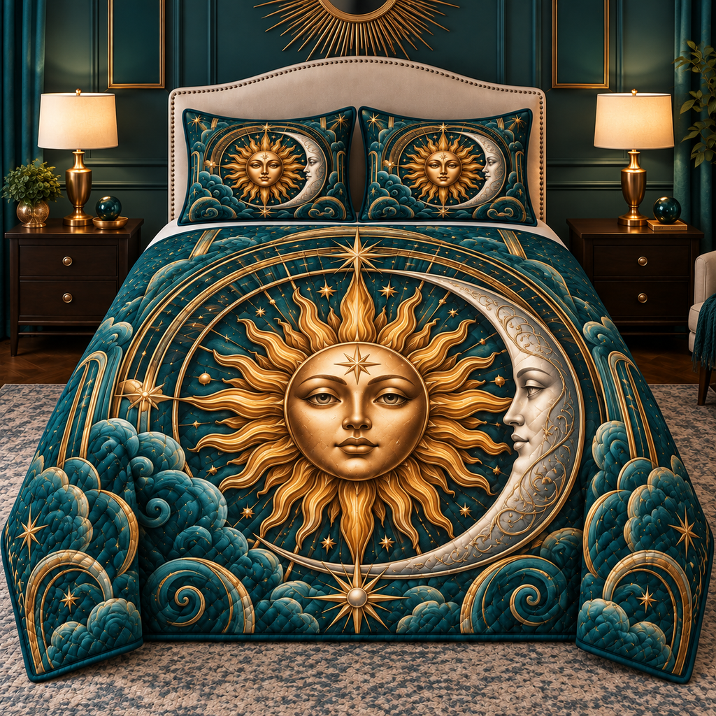 Solar Harmony Quilted Bedding Set with printed celestial optical 3D art in a coordinated lifestyle setting