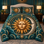 Solar Harmony Quilted Bedding Set with printed celestial optical 3D art in a coordinated lifestyle setting