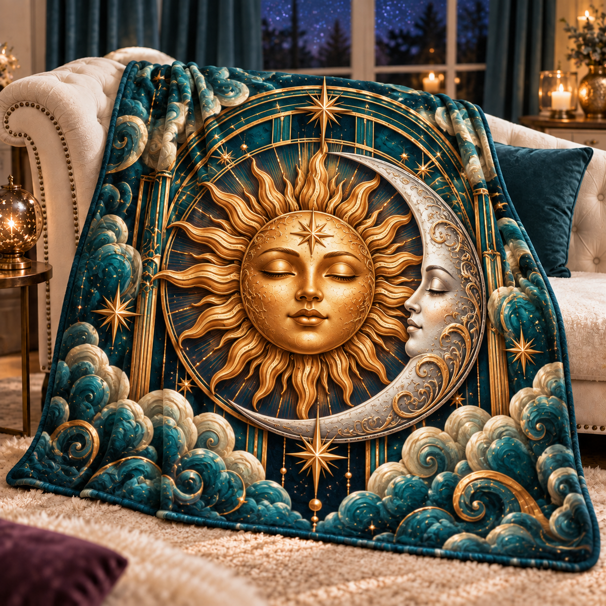 Solar Harmony Sherpa & Fleece Blanket with printed celestial optical 3D art in a coordinated lifestyle setting