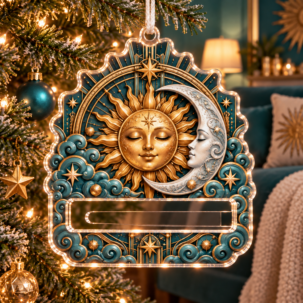 Solar Harmony Acrylic Cash Holder Ornament with printed celestial optical 3D art in a coordinated lifestyle setting