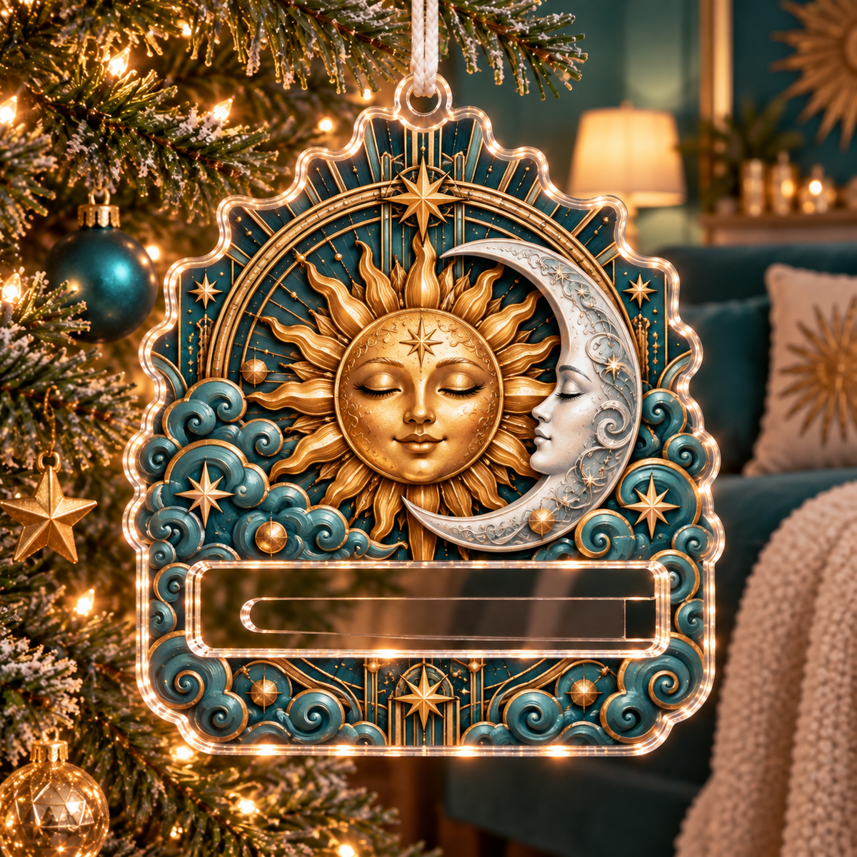 Solar Harmony Acrylic Cash Holder Ornament with printed celestial optical 3D art in a coordinated lifestyle setting