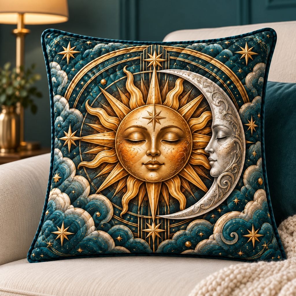 Solar Harmony Quilted Cushion Cover with printed celestial optical 3D art in a coordinated lifestyle setting