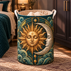 Solar Harmony Laundry Hamper with printed celestial optical 3D art in a coordinated lifestyle setting
