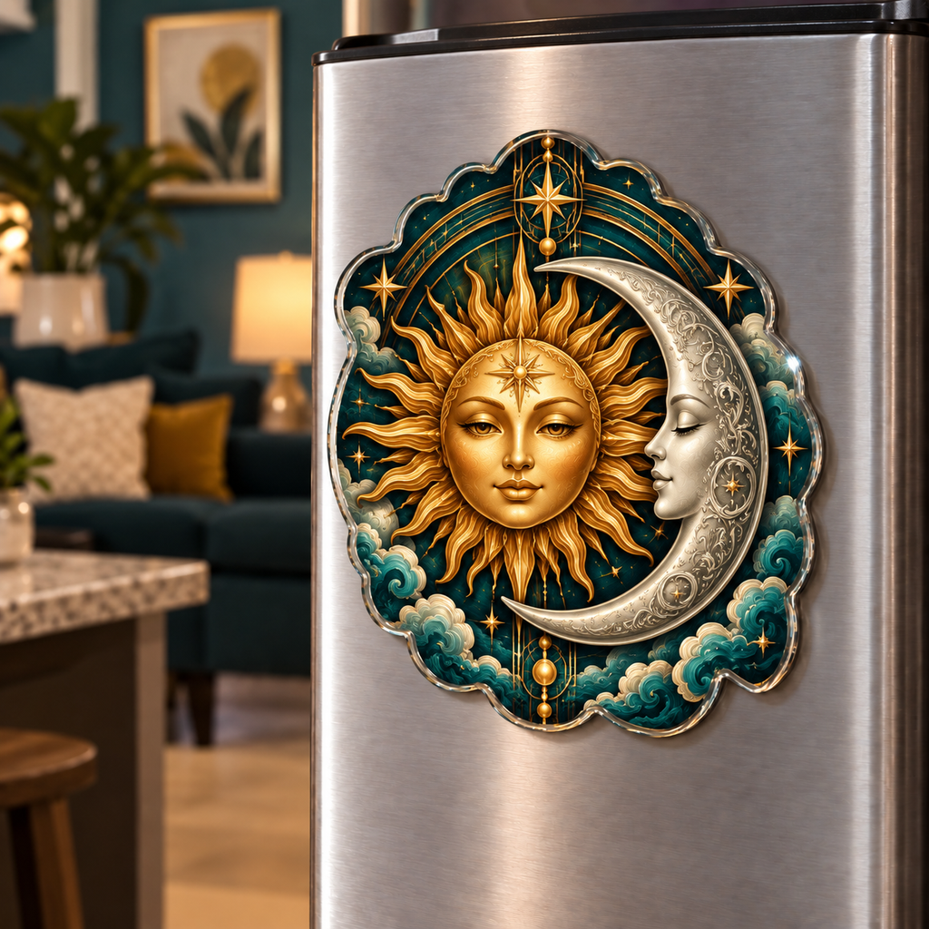 Solar Harmony Acrylic Refrigerator Magnet with printed celestial optical 3D art in a coordinated lifestyle setting