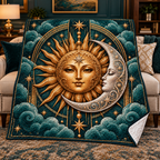 Solar Harmony Quilt Blanket with printed celestial optical 3D art in a coordinated lifestyle setting